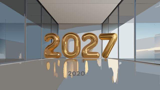 Golden numeral balloons forming 2027 reflective floor interior setting