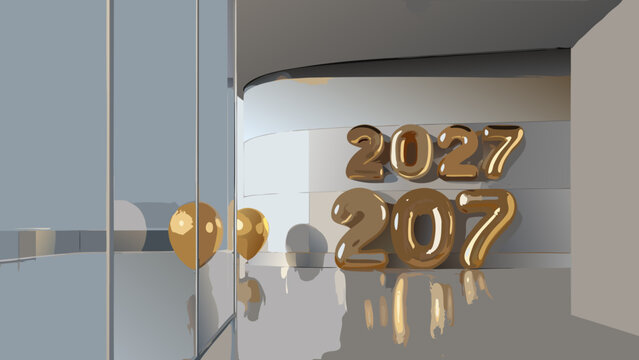 Golden 2027 And 207 Number Balloons In A Reflective Setting