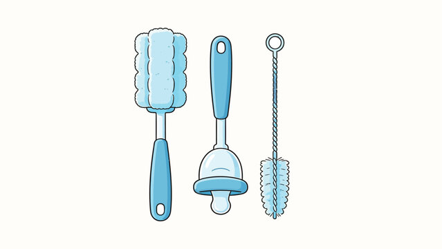 A clean, minimalist set of blue baby bottle cleaning tools featuring a soapy brush, bottle nipple brush, and flexible pipe cleaner, presented in soft pastel colors with bold outlines