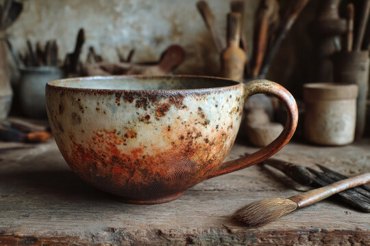 Rustic ceramic mug with iron oxide glaze and fingerprint mark on a wooden table in a pottery workshop
