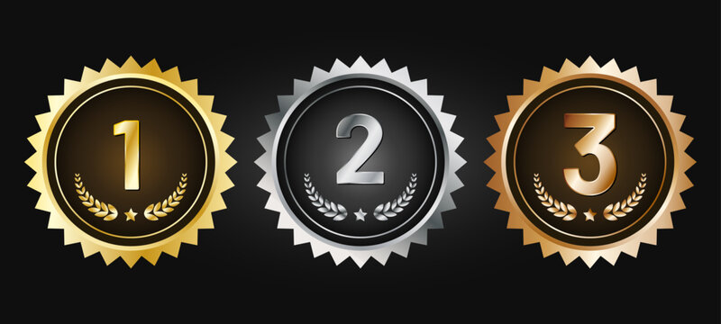 Set of three ranking medals with numbers 1, 2 and 3 in gold, silver and bronze on black background. Luxury vector award badge for competition, leaderboard, certificate and all graphic design projects.