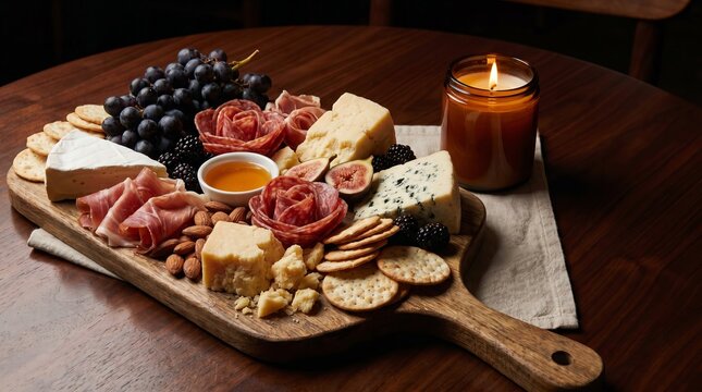 Gourmet charcuterie board with artisan cheeses, cured meats, fresh fruits, and crackers, intimate dining atmosphere