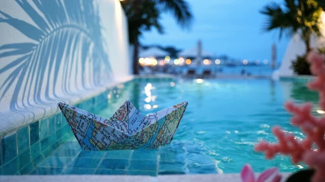 A Serene Evening by the Poolside with a Colorful Paper Boat Floating Gracefully on the Water, Surrounded by Tropical Plants and a Calm Atmosphere