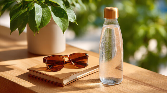Summer flat lay with sunglasses, water bottle and notebook on wooden table with plant and sunlight for background and lifestyle design
