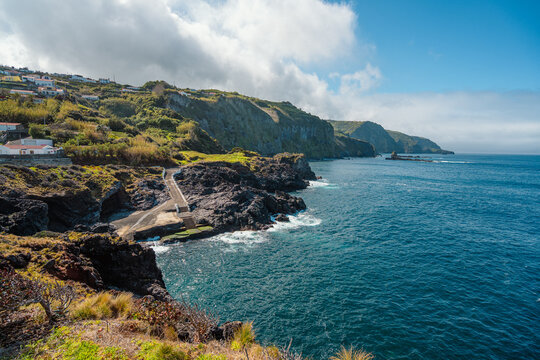 Coastal beach area in Santa Cruz das Flores, Flores Island, Azores, Portugal.