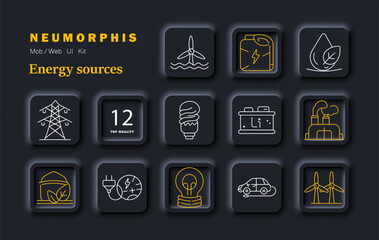 Naklejka premium Energy sources set icon. Turbine, battery, leaf, powerline, bulb, accumulator, plant, eco, plug, electric car, windmill, electricity, renewable, industry, energy, technology
