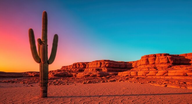 Sunbaked desert vista featuring towering saguaros, arid ground, and ancient terracotta rock formations under a vivid sky, western, sky, terrain