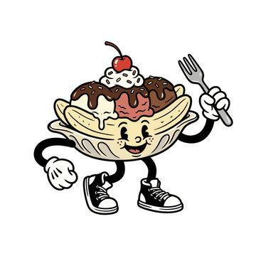 A cheerful retro cartoon banana split character with a face, arms, and legs, holding a fork, ready to eat.