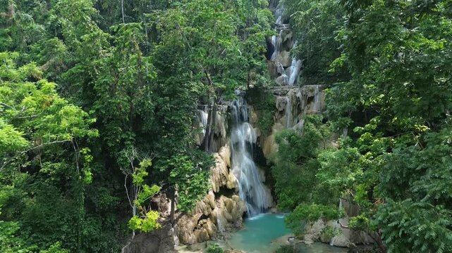 Cinematic Drone Footage of Kuang Si Waterfall in Luang Prabang, Laos