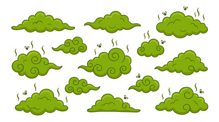 Fototapeta premium Set of green cartoon clouds with swirling decorative shapes
