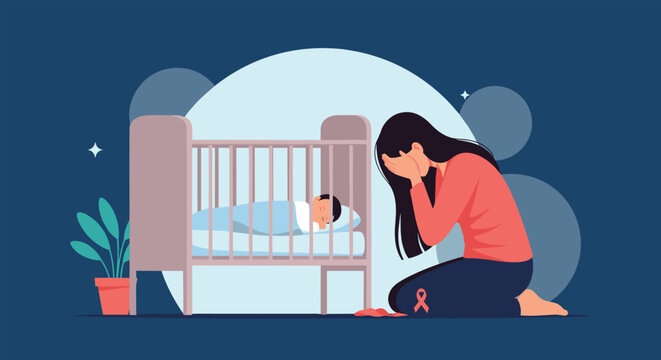Heartbroken mother kneeling on the floor crying next to an empty baby crib to represent loss and grief awareness.