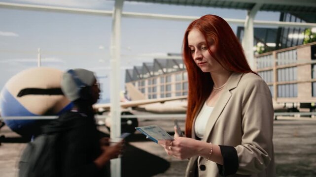 Female traveler in airport terminal taking photos with smartphone to boarding pass, woman takes picture of flight details before departure, using phone camera to do travel document backup.