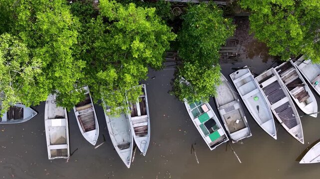 Aerial Drone View of Fisherman Boats at Sungai Pulai