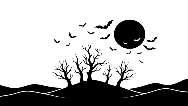 Halloween silhouette bats flying under full moon with bare trees