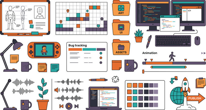 Video Game Development and Digital Coding Workflow Vector Icon Set Featuring Character Design Level Planning Bug Tracking Animation Timeline and Publishing Elements