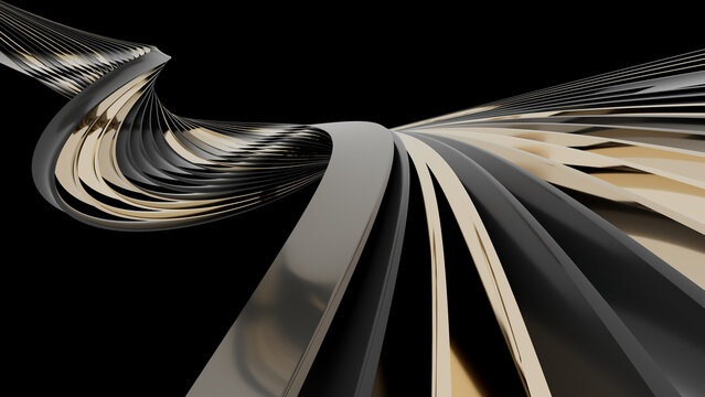 Smooth waves of golden spiral with black metal. Delicate golden forms twist in space, catching and refracting light with subtle elegance. 