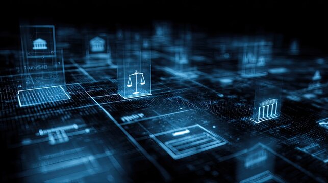 Abstract digital law grid with courthouse and scales icons