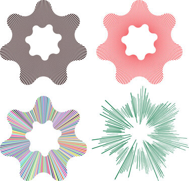 Set of four abstract gear shapes with wavy line patterns and colorful geometric textures