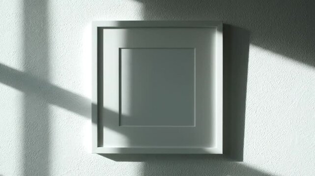 Empty Picture Frame Hanging on a Textured White Wall with Sunlight and Shadows