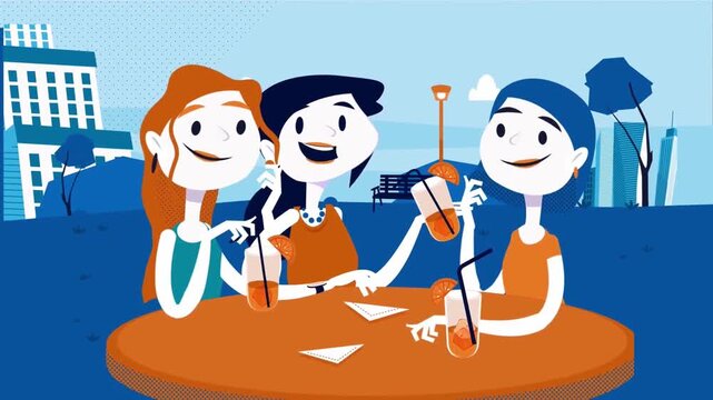 Animated Friends Group Toasting Drinks at Dinner Party, 2D Animation of People Celebrating in Restaurant, Social Gathering Concept