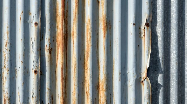 Abstract corrugated galvanized iron sheet texture background with vertical orange rust on weathered grey metal siding