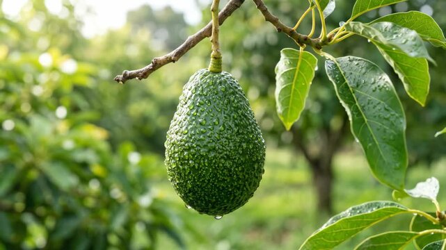 Raw organic avocado covered with water droplets hanging on a branch. Fresh healthy food, fruit, and plantation concept.