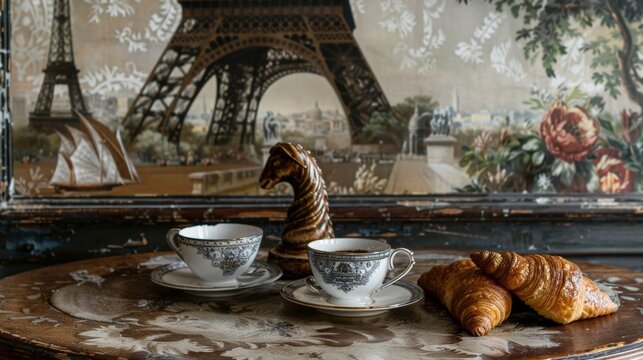 A sophisticated scene featuring classic coffee cups and freshly baked croissants set against a backdrop of the Eiffel Tower. This image captures the essence of French culture and lifestyle, perfect