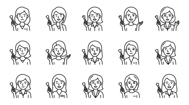 A collection of fifteen hand drawn doodle style female characters holding a microphone.