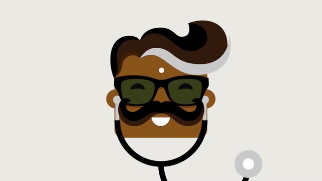 2D Animated Character Portrait of Male Doctor with Mustache and Stethoscope, Flat Design Healthcare and Medical Professional Concept