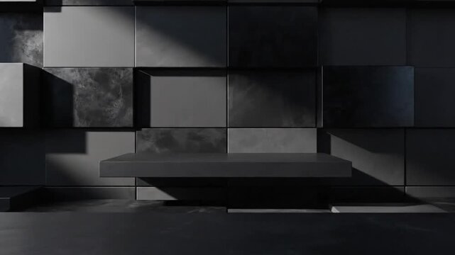 Abstract dark gray geometric cubes display stage with elevated floating podium for product presentation