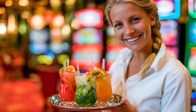 Smiling waitress holding a tray of colorful cocktails in a casino.