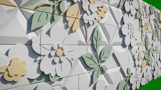 A close-up of a floral patterned wall with white, green, and gold tiles