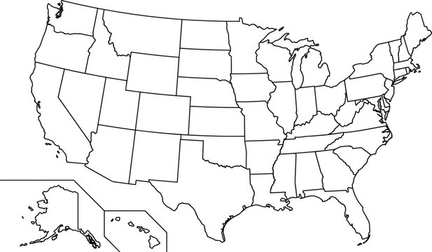 United States Blank Outline Map Vector Graphic with State Borders and Inset Grid for Alaska and Hawaii Geography Projects