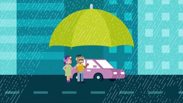 Animated Car Under Umbrella in City Rain, 2D Flat Design Auto Insurance and Protection Concept, Rainy Weather Vehicle Safety Animation
