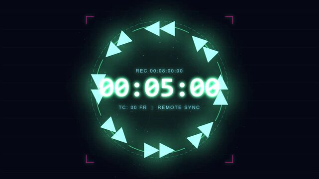 Digital timecode countdown overlay with circular motion graphics animation