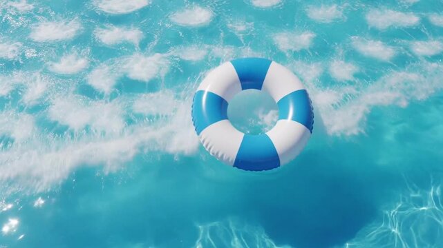 Blue and white inflatable swimming pool ring floating gently on clear rippling water surface during a sunny summer day in a resort garden pool with soft sunlight creating beautiful aquatic reflections
