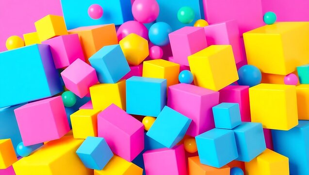 Abstract 3d background with colorful cubes and spheres in vibrant neon colors