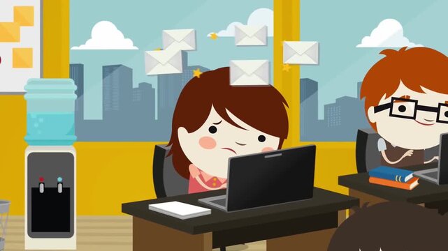 Animated Office Workplace Scene with Water Cooler and Female Employee at Laptop, Corporate Office Life 2D Character Animation