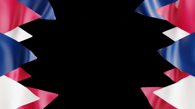3D animation of waving red, white, and blue flag elements forming a dynamic border frame with realistic fabric simulation on a transparent background. Overlays, presentation, and broadcast design.