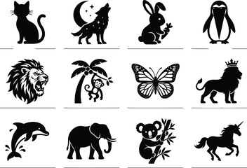 Wild and domestic animal silhouette icons set featuring cat wolf rabbit penguin lion monkey butterfly dolphin elephant koala unicorn.eps © MDACHIB