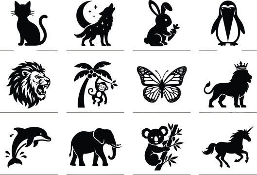 Wild and domestic animal silhouette icons set featuring cat wolf rabbit penguin lion monkey butterfly dolphin elephant koala unicorn.eps