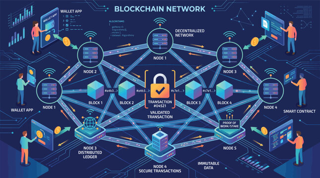Flat vector illustration of blockchain network, distributed nodes, secure transactions,