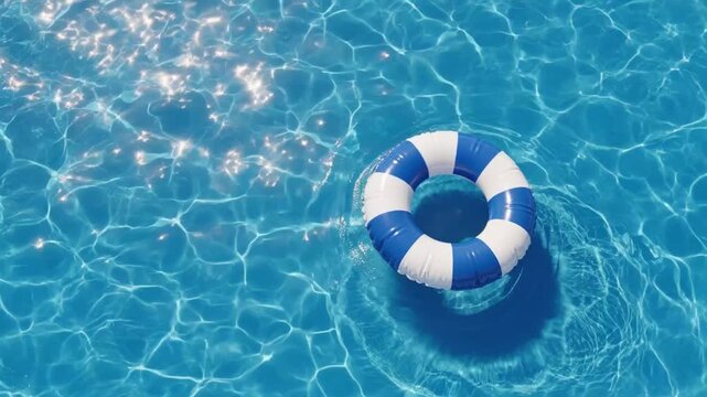 A bright blue floating life ring buoy resting peacefully on the rippling surface of a crystal clear swimming pool under the warm summer sun creating serene aquatic visuals for vacation travel themes