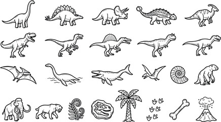 Prehistoric Dinosaur and Ice Age Mammal Doodle Vector Set with Fossils, Volcanoes, and Ancient Wildlife Line Art Icons © Donal! 