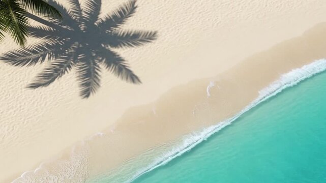 Aerial Drone View of Tropical Beach Shoreline with Clear Turquoise Ocean Waves Rolling Over White Sand and Palm Tree Leaves Casting Dark Shadows on the Pristine Coastline in Sunny Summer Vacation Scen
