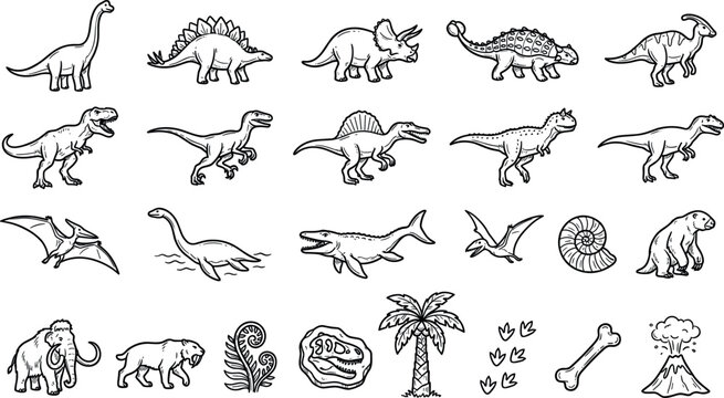Prehistoric Dinosaur and Ice Age Mammal Doodle Vector Set with Fossils, Volcanoes, and Ancient Wildlife Line Art Icons