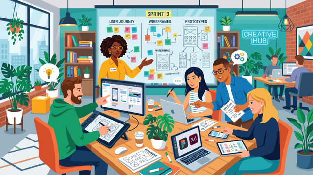 Flat vector illustration of UX/UI designers collaborating on wireframes and prototypes, design tools visible, creative energy.