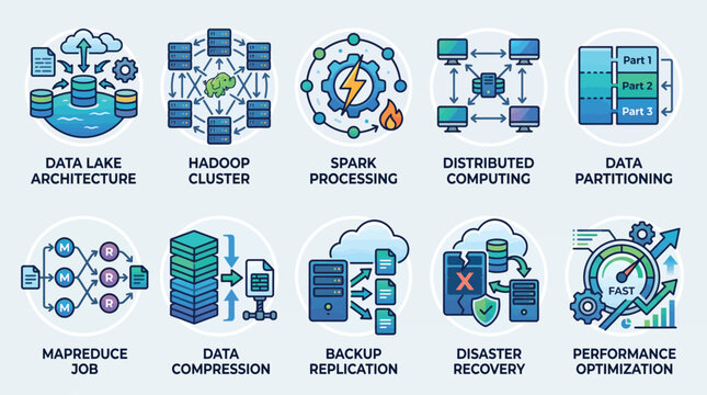 Icon pack for big data analytics: data lake architecture, Hadoop cluster, Spark processing, distributed computing, data partitioning, MapReduce job, data compression,  and more vector icons.