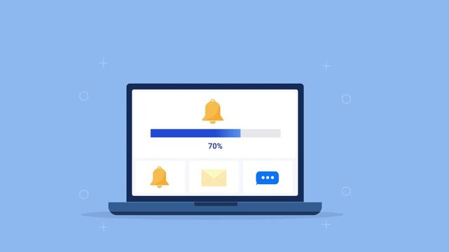 Modern flat vector animation of a laptop displaying a notification management dashboard with alert, email, messaging, and progress bar. Ideal for communication, software, and web technology projects.