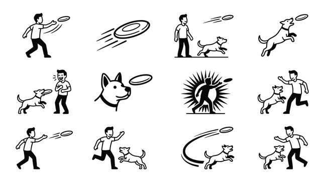 Collection of hand drawn illustrations featuring people playing frisbee with their dogs.